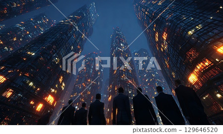 Businessmen looking up at futuristic cityscape at night 129646520