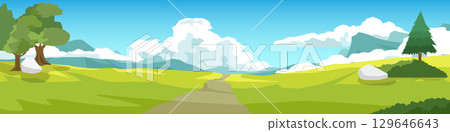 Horizontal or Landscape view illustration banner of dirt road. Winding road leading straight to the valley. Trees and green open fields and mountain under blue sky for background. 129646643