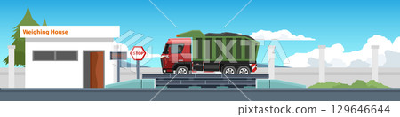 Horizontal view of garbage truck car on weight scales station. Station has a stop sign with digital weight display. Office building with fence wall. Background of mountains under blue sky. Horizontal view of garbage truck car on weight scales station. Station has a stop sign with digital weight display. Office building with fence wall. Background of mountains under blue sky. 129646644