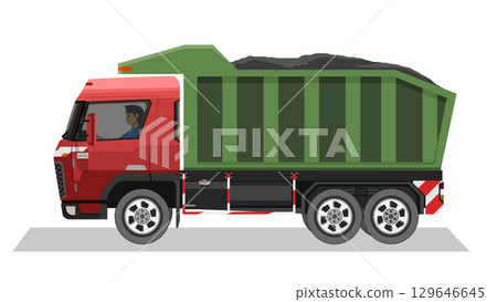 Object of side view arbage truck car red color. Green garbage bin full of garbage. With shadow on isolated white background. 129646645