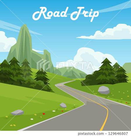 Vector poster of square Road Trip. Winding asphalt road with a yellow center line. Passing through a vibrant green landscape with pine trees. Mountains under a blue sky with fluffy white clouds. Vector poster of square Road Trip. Winding asphalt road with a yellow center line. Passing through a vibrant green landscape with pine trees. Mountains under a blue sky with fluffy white clouds. 129646807
