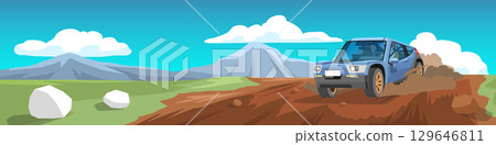 Landscpe of dirt roads and long distance rally cars. Driving at such a high speed that dust flew everywhere. Beside green hills and mountain under blue sky and white clouds. 129646811