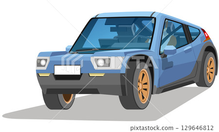 Objec perspective design of sport race rally car pastel blue color. Can view inside car with rally car drivers. Shadow and isolated white background. 129646812