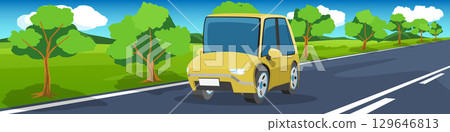 Cartoon vector of mini family car yellow color. Traveling on the road. Perspective view of nature landscape with trees beside road and green meadow. Mountain under blue sky and white clouds. 129646813