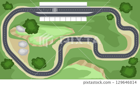 Black winding track is clearly divided by white dotted lines. Surrounded by green areas. Track has many types of curves including sharp bends wide bends and short straights. for motorsport Background. 129646814