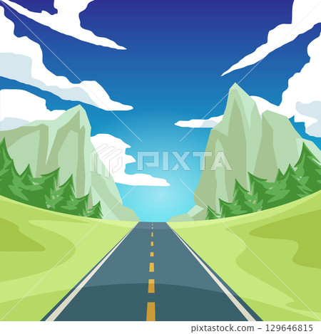 Vector poster of road to goal. Asphalt road ahead with yellow center line. Through bright green landscape with pine trees. Mountain background and blue sky space with white clouds. Vector poster of road to goal. Asphalt road ahead with yellow center line. Through bright green landscape with pine trees. Mountain background and blue sky space with white clouds. 129646815