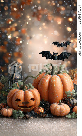 閃閃發光的燈光背景上有蝙蝠和南瓜的萬聖節插圖 129647117