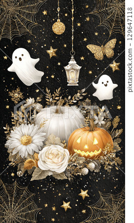 Elegant Halloween illustration with pumpkins, ghosts and flowers Elegant Halloween illustration with pumpkins, ghosts and flowers 129647118