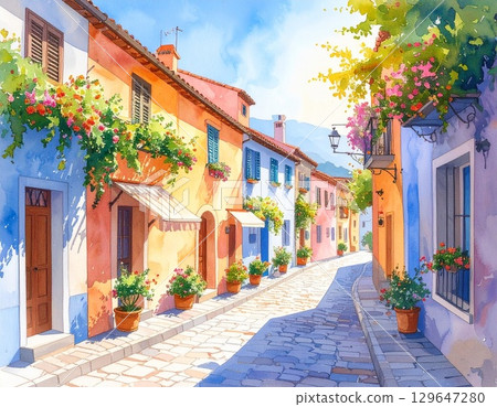 水彩畫歐洲城市景觀、鵝卵石街道和柔和的建築 129647280