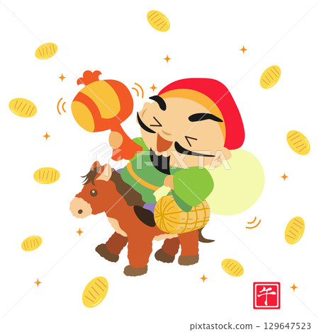 大黑天騎著毛絨馬，搖晃木槌，送出金幣的插圖 129647523