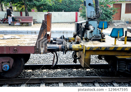 Close-up of Railway Maintenance Wagon Coupling and Equipment 129647595