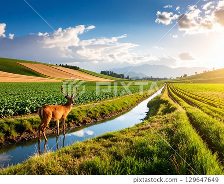 Deer appearing on farmland: damage to crops and impact on human life. Environmental issues surrounding wildlife and agriculture. 129647649