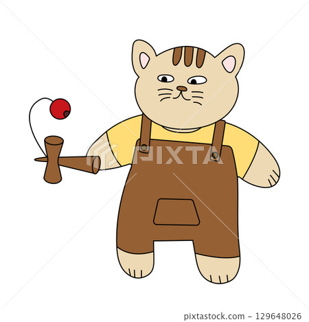 Illustration of a kitten (anthropomorphized) playing kendama 129648026