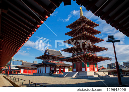 Five storied pagoda of Shitennoji temple view from hall roof, Osaka 129648096