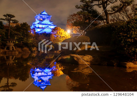 Osaka castle light up at night with beautiful garden in fall, Japan 129648104
