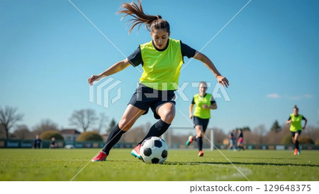 一個女人在踢足球 129648375