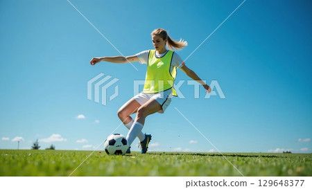 A woman playing football 129648377