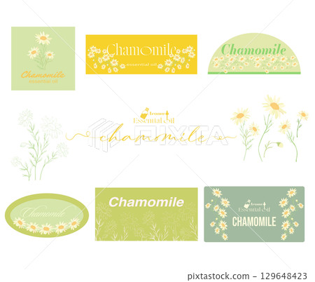 Chamomile essential oil logo and illustration 129648423