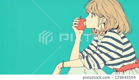 A city pop-style woman biting into an apple 129648504