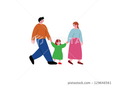Girl walking hand in hand with parents 129648561