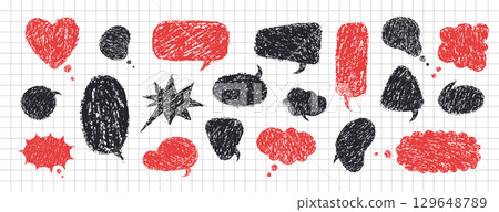 Crayon speech bubble. Vector Set with chalk scribble text. Black and red Retro hand drawn doodle dialogue in sketch style 129648789