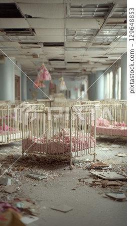Abandoned childrens hospital empty cribs decaying, peeling paint, broken ceiling, debris 129648853