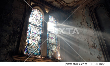 Broken stained glass window, ruined mansion, light, faded, abandoned, ethereal, decay 129648859