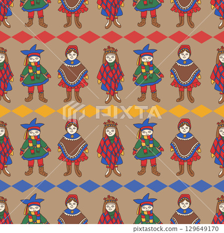 Seamless Pattern of Sami People in Traditional Clothing with Colorful Diamond Motifs on Brown Background 129649170