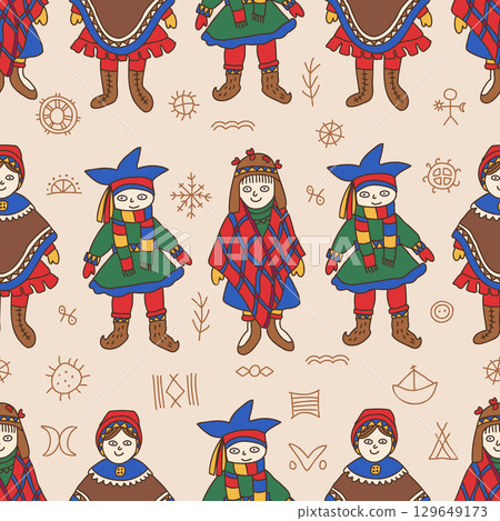 Seamless Pattern of Sami People in Colorful Traditional Clothing with Folk Symbols on Beige Background Seamless Pattern of Sami People in Colorful Traditional Clothing with Folk Symbols on Beige Background 129649173