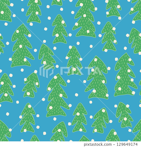 Seamless Winter Pine Tree Pattern with Snow on Blue Background 129649174
