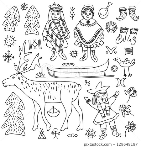 Hand Drawn Sami Indigenous Folk Illustration with Reindeer and Winter Symbols 129649187