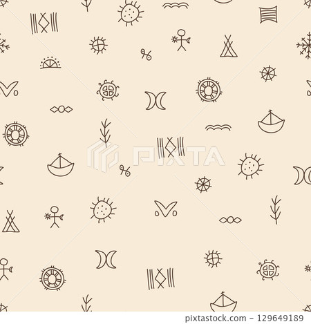 Seamless Sami Folk Symbol Pattern in Minimalist Brown Line Art on Beige 129649189