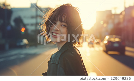 黃昏時分,城市裡一個女人微笑著回首 黃昏時分,城市裡一個女人微笑著回首 129649226