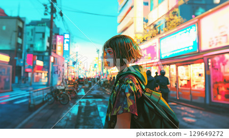 夜間在城市中行走的年輕女子 129649272