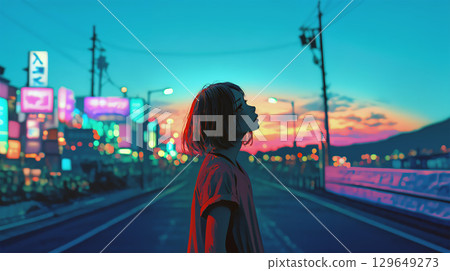 夜間在城市中行走的年輕女子 夜間在城市中行走的年輕女子 129649273