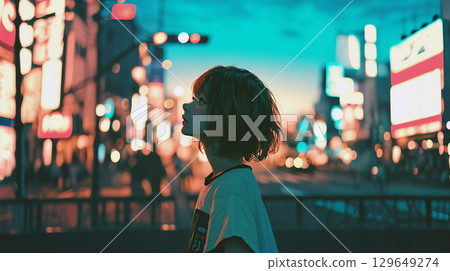 夜間在城市中行走的年輕女子 夜間在城市中行走的年輕女子 129649274