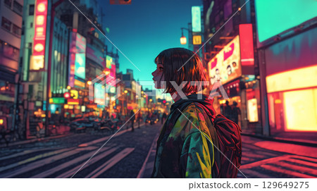 夜間在城市中行走的年輕女子 129649275