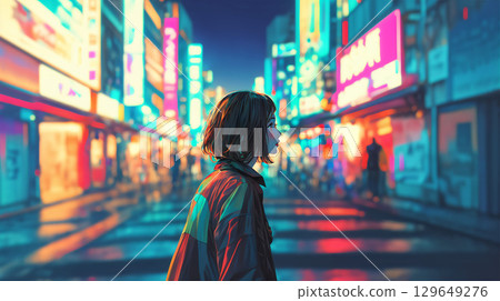 young woman walking in the city at night 129649276