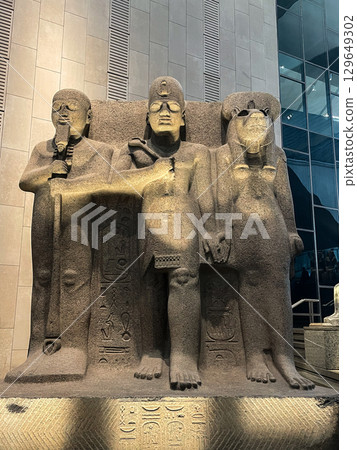 Statues of Ramses II, Ptah, and Sekhmet at the Grand Egyptian Museum in Giza Statues of Ramses II, Ptah, and Sekhmet at the Grand Egyptian Museum in Giza 129649302