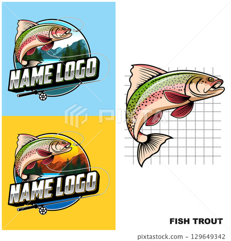 Fishing club logo design with trout fish illustration. Rainbow trout fishing illustration. Trout fishing logo design 129649342