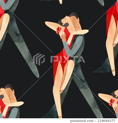 Latin American program of sport ballroom dancing. ProAm show. Seamless pattern for decoration of merch and souvenirs of dance school for adults. Wrapping paper, paper bags, notebook cover 129649377