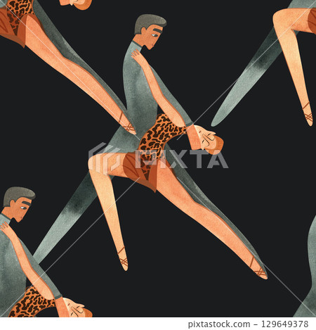 Latin American program of sport ballroom dancing. ProAm show. Seamless pattern for decoration of merch and souvenirs of dance school for adults. Wrapping paper, paper bags, notebook cover 129649378