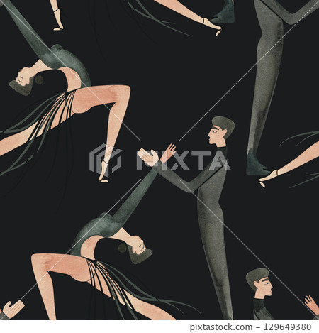 Couples on the parquet dancing La. Professional dancers on the performance. Seamless watercolor pattern for the design of the corporate identity of the brand of the dance school for adults. 129649380