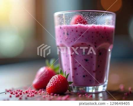 Close-up Delicious Strawberry Smoothie with Fresh Strawberries on Wooden Table Close-up Delicious Strawberry Smoothie with Fresh Strawberries on Wooden Table 129649405