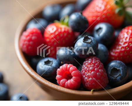 Close Up Fresh Assorted Berries In Bowl Food Still Life 129649444