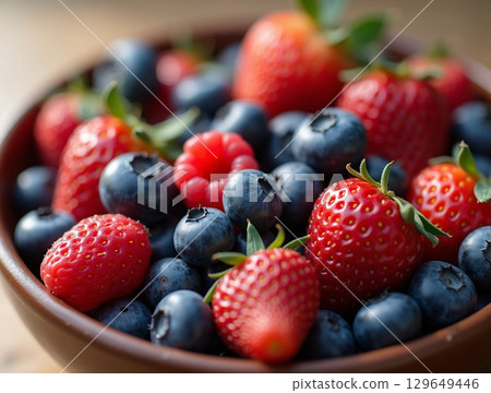 Delicious Close-Up Assortment of Fresh Berry Bowl Still Life Delicious Close-Up Assortment of Fresh Berry Bowl Still Life 129649446