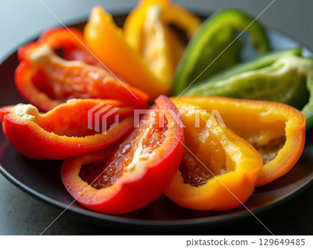 Sliced Fresh Colorful Bell Pepper Arrangement on Dark Plate Still Life 129649485
