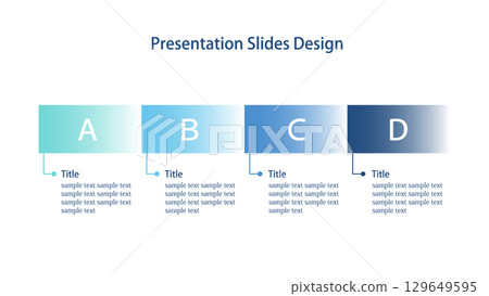 Four elements infographics showing flow 16:9 presentation slides vector template 129649595