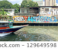 Thailand tourist canal boat on village river and residential house at daytime 129649598