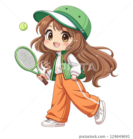 Cute anime chibi girl with long wavy brown hair holding a tennis racket Cute anime chibi girl with long wavy brown hair holding a tennis racket 129649691